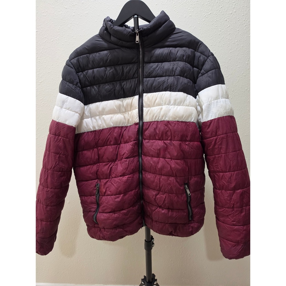 Rock Revolution Mens Puffer Jacket 2XL Black White Burgundy Faux Fur Lined RR134